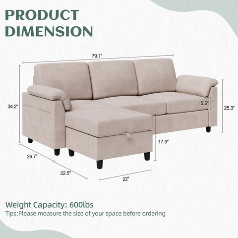 79'' Convertible L-Shaped Sectional Sofa with Ottoman – Linen Fabric Couch with Removable Pillows, Beige