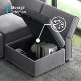 Modern Velvet Storage Ottomans Sectional Sofa Living Room Set Dark Grey