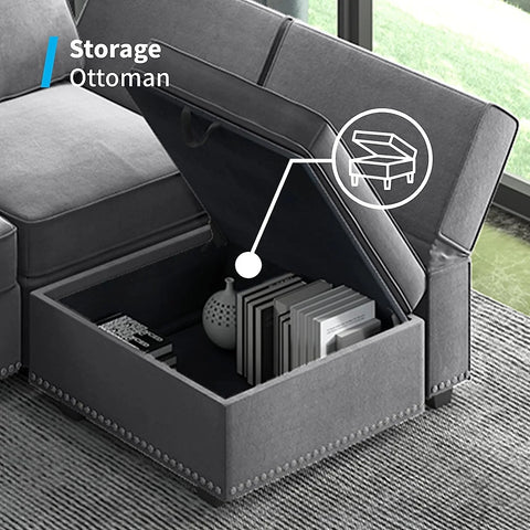 Modern Velvet Storage Ottomans Sectional Sofa Living Room Set Dark Grey