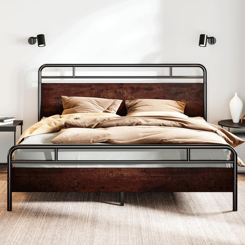 King Size Bed Frame with Wooden Headboard and Footboard, Rounded Corner Metal Structure, Heavy Duty Slats with Under-Bed Storage, No Box Spring Needed, Mahogany