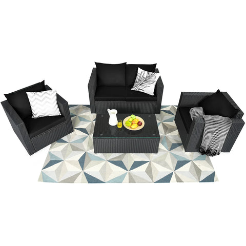 4PCS Rattan Patio Conversation Set Outdoor Furniture Set W/ Black Cushions
