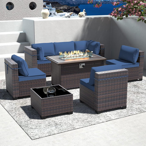 8-Piece Outdoor Patio Furniture Set with Gas Fire Pit Table – Sectional Sofa & 43'' Propane Fire Pit, PE Wicker Rattan Conversation Set, Dark Blue