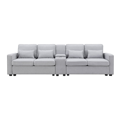 4 Seater Sofa with USB Ports Upholstered Couch with Storage Coffee Table and Cup Holders for Living Room,114.2" Light Gray
