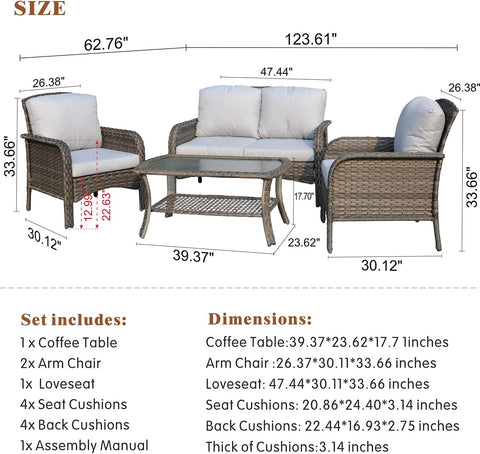 4-Piece Outdoor Wicker Patio Furniture Set – High Back Loveseat with Cushions, Coffee Table & Armchairs, Grey Rattan & Cushions