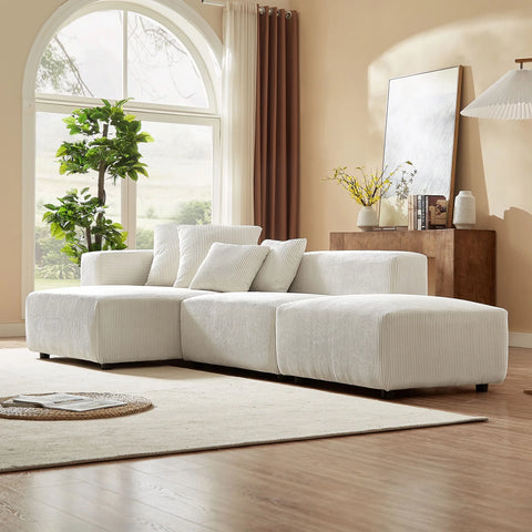 3 Pieces Set Corduroy Sectional Modular Sofa with 6 Throw Pillows, Soft L-Shaped Chaise Couch Furniture for Living Room Apartment Office, Beige