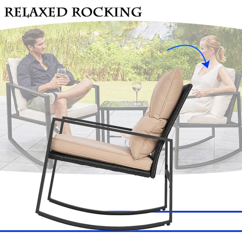 3 Pieces Wicker Outdoor Set with a High-Quality Tempered Glass Coffee Table, Black, Steel, 2