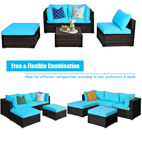 5PCS Cushioned Rattan Patio Conversation Set Outdoor Furniture Set with Ottoman