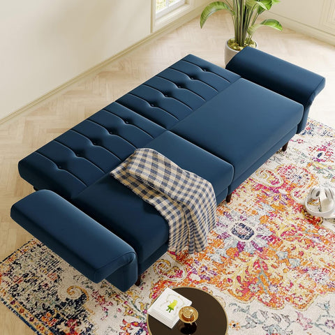 Blue Velvet Convertible Futon Sofa Bed with Memory Foam – Sleeper Couch