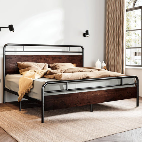 King Size Bed Frame with Wooden Headboard and Footboard, Rounded Corner Metal Structure, Heavy Duty Slats with Under-Bed Storage, No Box Spring Needed, Mahogany
