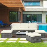 5-Piece Patio Furniture Set – All-Weather Outdoor Conversation Set with Adjustable Backrest & Lift Top Coffee Table, PE Rattan Wicker Sectional Sofa, Beige