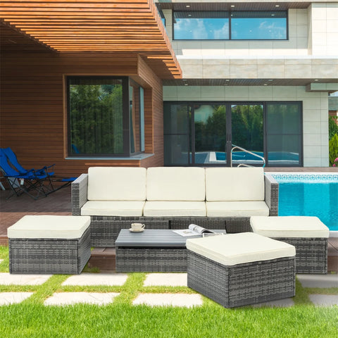 5-Piece Patio Furniture Set – All-Weather Outdoor Conversation Set with Adjustable Backrest & Lift Top Coffee Table, PE Rattan Wicker Sectional Sofa, Beige