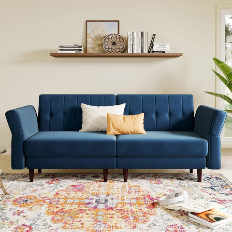 Blue Velvet Convertible Futon Sofa Bed with Memory Foam – Sleeper Couch