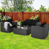 4-Piece Patio Rattan Conversation Set – Outdoor Wicker Sofa Set with Padded Cushions & Tempered Glass Coffee Table, Wicker Sectional Sofas for Courtyard, Balcony, Black