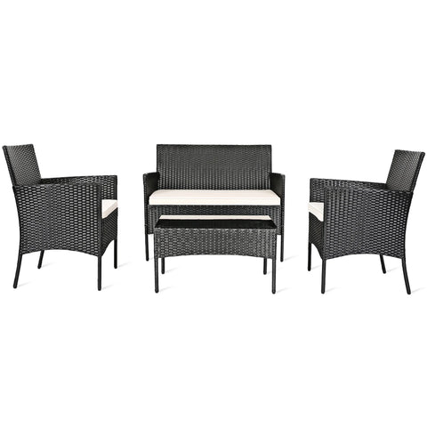 4PCS Patio Rattan Conversation Set Outdoor Furniture Set With Cushion