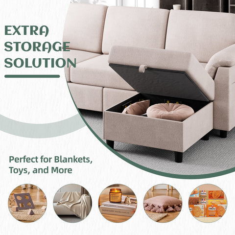79'' Convertible L-Shaped Sectional Sofa with Ottoman – Linen Fabric Couch with Removable Pillows, Beige