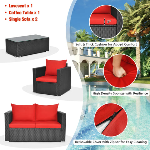 4PCS Patio Rattan Furniture Set Cushioned Sofa Chair Coffee Table Garden Red