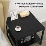 End Table, 20 Inch Square End Table, Mini Fridge Stand with 2-Tier Storage Shelves, Industrial Wood Side Tables for Living Room, Black
