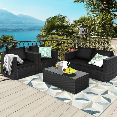 4-Piece Patio Rattan Conversation Set – Outdoor Wicker Sofa Set with Padded Cushions & Tempered Glass Coffee Table, Wicker Sectional Sofas for Courtyard, Balcony, Black
