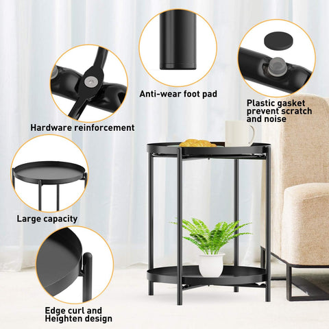 Side Table, End Table Metal Small Table Indoor Outdoor & Snack Bedside Table Sofa Side Snack Table Accent Coffee Table Living Room Bedroom Balcony 2 Layer (Black)