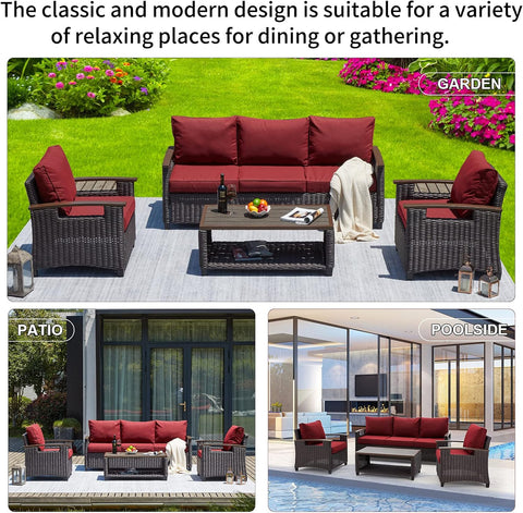 4-Piece Patio Furniture Set – Luxurious Retro Wicker Conversation Set, All-Weather Outdoor Sectional Sofa with 5 Seats & Table, Manual Weaving Rattan, Red Wine for Garden