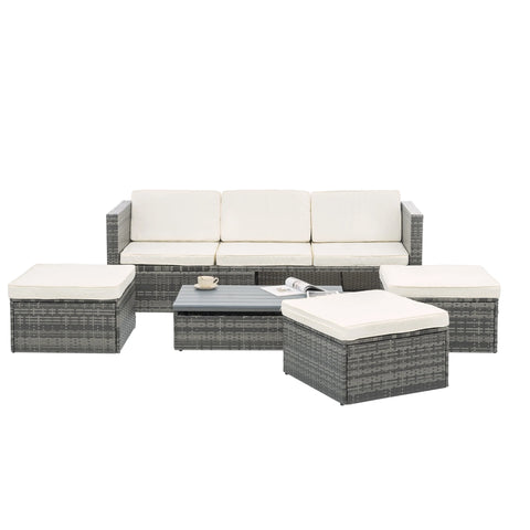 5-Piece Patio Furniture Set – All-Weather Outdoor Conversation Set with Adjustable Backrest & Lift Top Coffee Table, PE Rattan Wicker Sectional Sofa, Beige