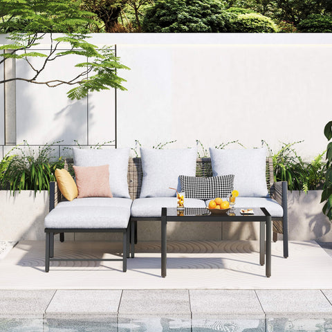 Outdoor Furniture Set - 3 Piece Metal Reclining Outdoor Conversation Sets with Cushion, Gray/Gray