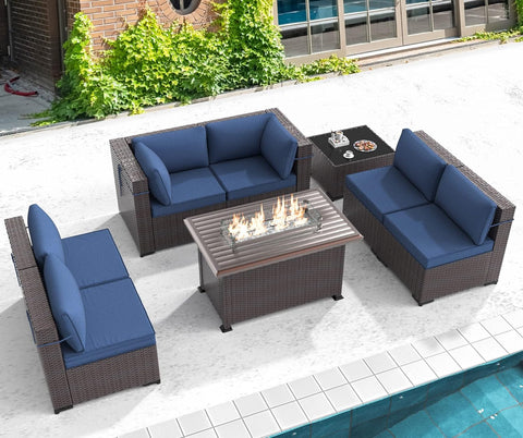 8-Piece Outdoor Patio Furniture Set with Gas Fire Pit Table – Sectional Sofa & 43'' Propane Fire Pit, PE Wicker Rattan Conversation Set, Dark Blue