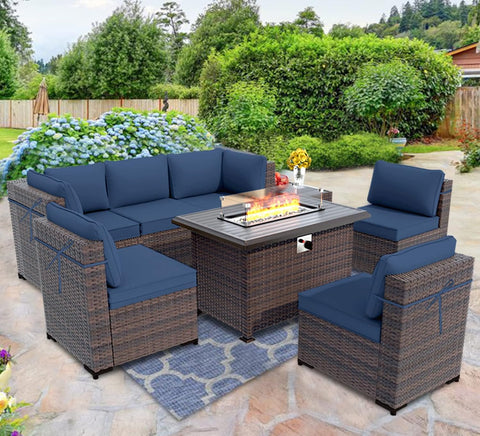 8-Piece Outdoor Patio Furniture Set with Gas Fire Pit Table – Sectional Sofa & 43'' Propane Fire Pit, PE Wicker Rattan Conversation Set, Dark Blue