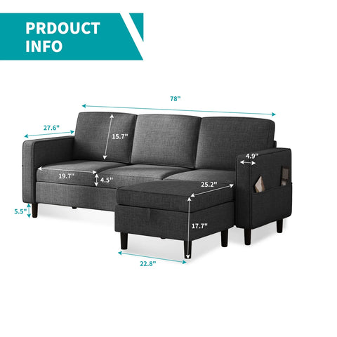 Sectional Sofa with Storage Ottoman, 78'' Convertible L-Shaped Sofa Couch for Living Room&Small Space, Dark Grey
