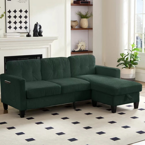Small L-Shaped Sectional Sofa with Storage Ottomans – Corduroy Couch for Living Room, Green
