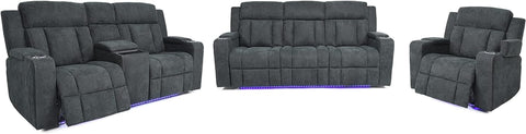 Modern Fabric Power Reclining, Power Headrest, Living Room Set in Charcoal Grey, Cupholder, Theater Couch, 9202 (Sofa+Loveseat+Chair)