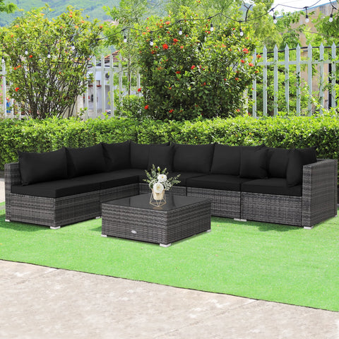 7PCS Patio Rattan Sectional Sofa Set Outdoor Furniture Set W/ Black Cushions