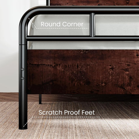 King Size Bed Frame with Wooden Headboard and Footboard, Rounded Corner Metal Structure, Heavy Duty Slats with Under-Bed Storage, No Box Spring Needed, Mahogany