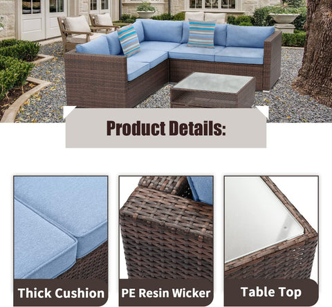 4-Piece Outdoor Sectional Sofa Patio Furniture Set W Blue Thick Cushions, Patio Conversation Set Outdoor Wicker Sofa W Tempered Glass Coffee Table, Backyard (Blue)