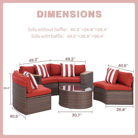 5-Piece Patio Sectional Furniture Set – Half-Moon Brown Wicker Curved Outdoor Sofa with Red Cushions, Round Glass Coffee Table & Pillow, Outdoor Patio Set