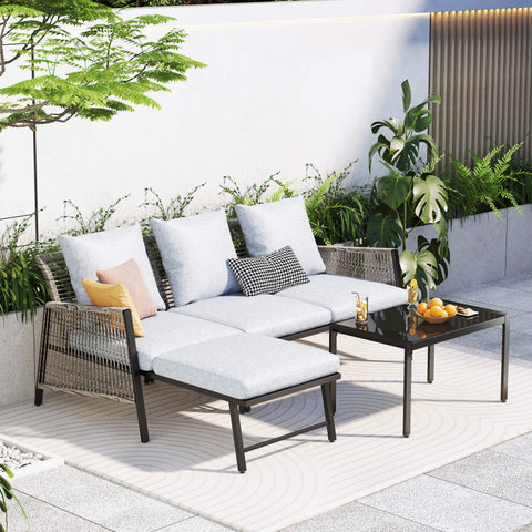 Outdoor Furniture Set - 3 Piece Metal Reclining Outdoor Conversation Sets with Cushion, Gray/Gray