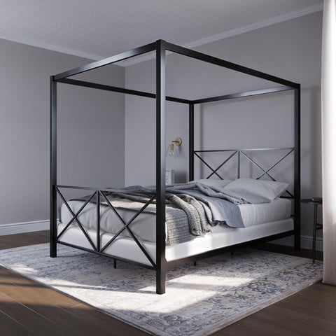 Rosedale Metal Canopy Bed Frame with Four Poster Design and Geometric Accented Headboard and Footboard, Underbed Storage Space, Queen, Black