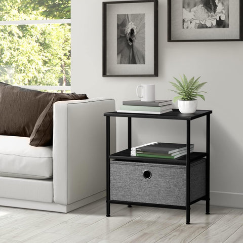 Nightstand 1-Drawer Shelf Storage - Bedside Furniture & End Table Chest Dresser with Steel Frame, Wood Top & Easy Pull Fabric Bins for Home, Bedroom, Closets, Bathroom, Office & College Dorm