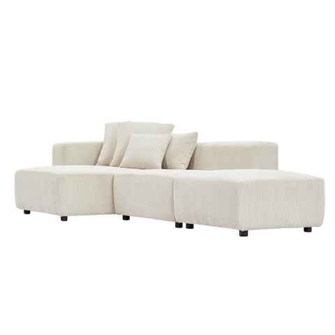 3 Pieces Set Corduroy Sectional Modular Sofa with 6 Throw Pillows, Soft L-Shaped Chaise Couch Furniture for Living Room Apartment Office, Beige