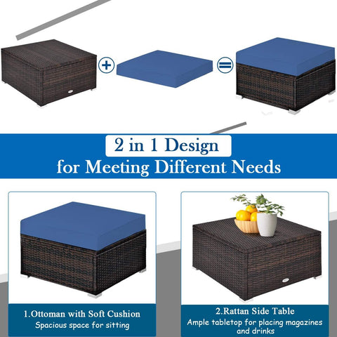 5 Piece Patio Furniture Set, Outdoor Sectional Rattan Sofa Set with Cushions and Coffee Table, Suitable for Backyard Porch Garden Poolside and Deck, Wicker Conversation Set (Navy Blue)