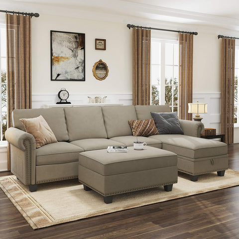 Convertible Sectional Sofa, L Shaped Couch with Storage Ottoman, Reversible Sectional Sofa Couch for Living Room, Dark Khaki