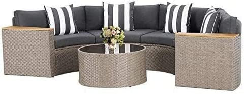 5-Piece Patio Sectional Furniture Set – Half-Moon Brown Wicker Curved Outdoor Sofa with Grey Cushions & Glass Coffee Table, Grey