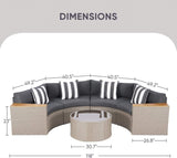 5-Piece Patio Sectional Furniture Set – Half-Moon Brown Wicker Curved Outdoor Sofa with Grey Cushions & Glass Coffee Table, Grey