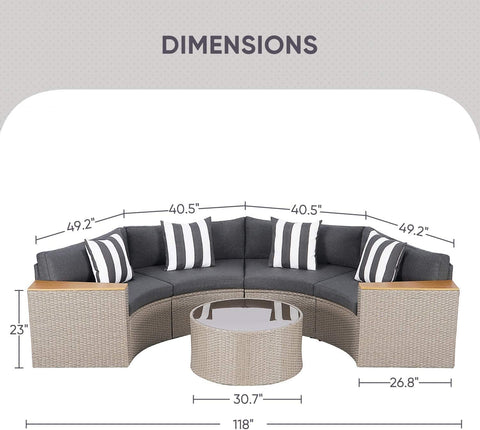 5-Piece Patio Sectional Furniture Set – Half-Moon Brown Wicker Curved Outdoor Sofa with Grey Cushions & Glass Coffee Table, Grey