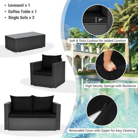 4-Piece Patio Rattan Conversation Set – Outdoor Wicker Sofa Set with Padded Cushions & Tempered Glass Coffee Table, Wicker Sectional Sofas for Courtyard, Balcony, Black