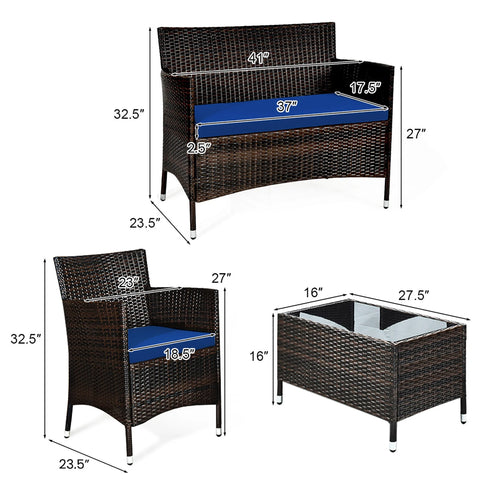 8PCS Patio Rattan Conversation Furniture Set Outdoor W/ Navy Cushion