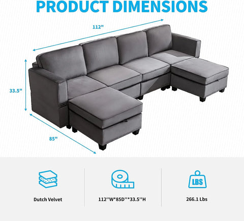 Modern Velvet Storage Ottomans Sectional Sofa Living Room Set Dark Grey