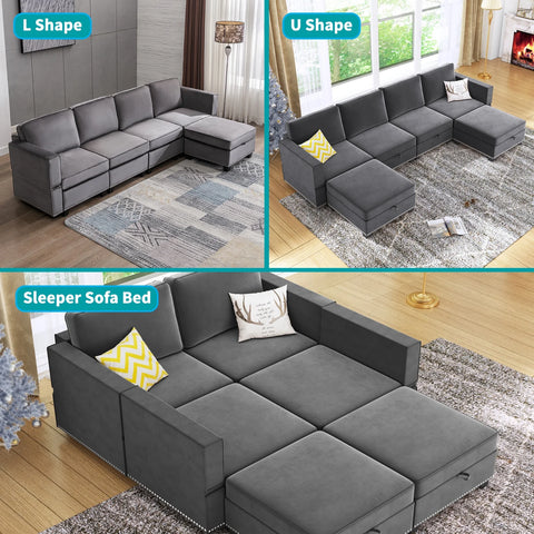 Modern Velvet Storage Ottomans Sectional Sofa Living Room Set Dark Grey