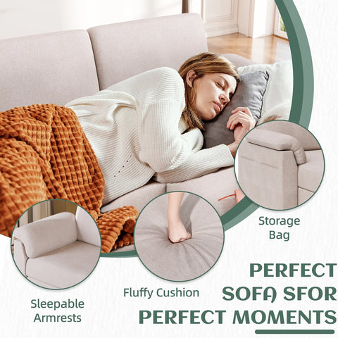 79'' Convertible L-Shaped Sectional Sofa with Ottoman – Linen Fabric Couch with Removable Pillows, Beige
