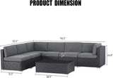 7-Piece Outdoor Furniture Set, Black Brown Wicker Furniture Modular Sectional Sofa Set with Cushions and Tempered Glass Coffee Table-Gray